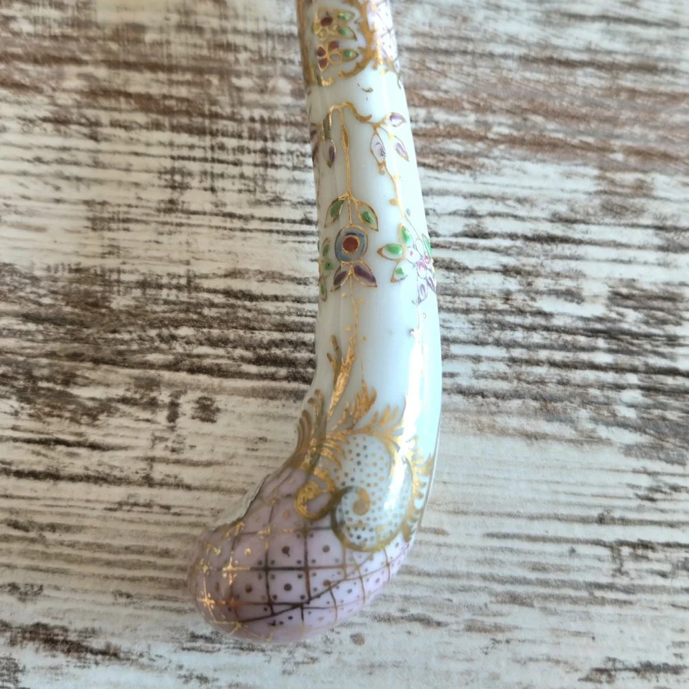 Vtg Sheffield England Porcelain Handle Serving Fork Ornate Floral 3-Tine Gold